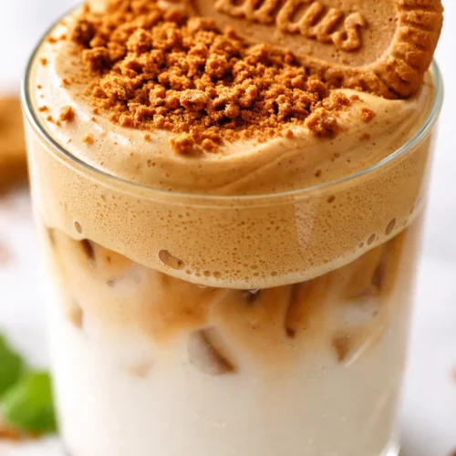 Creamy lotus biscoff fluffy coffee topped with crushed speculoos cookies and caramel drizzle in a glass mug