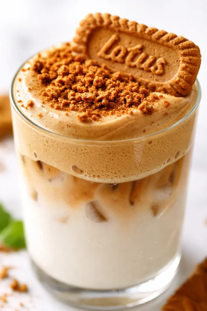 Creamy lotus biscoff fluffy coffee topped with crushed speculoos cookies and caramel drizzle in a glass mug