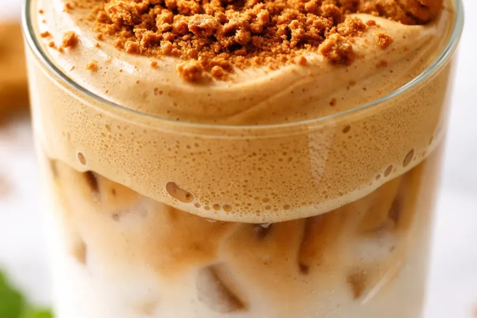 Creamy lotus biscoff fluffy coffee topped with crushed speculoos cookies and caramel drizzle in a glass mug