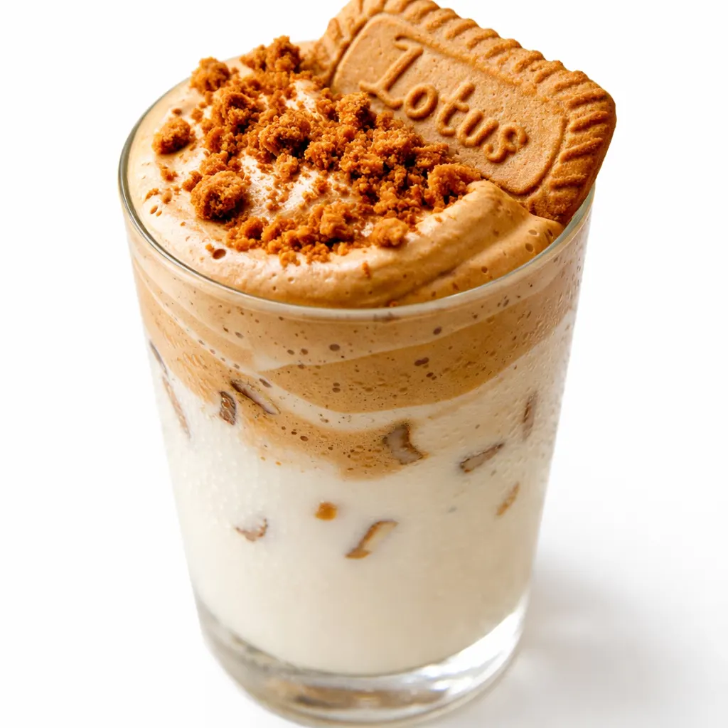 Whipped Lotus Biscoff fluffy coffee cream floating on warm milk with crushed cookie crumbs, rich and creamy texture.