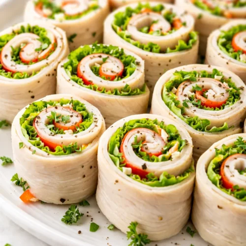 Fresh low carb turkey roll-ups on a white plate, showing crisp lettuce and creamy filling with no sogginess.