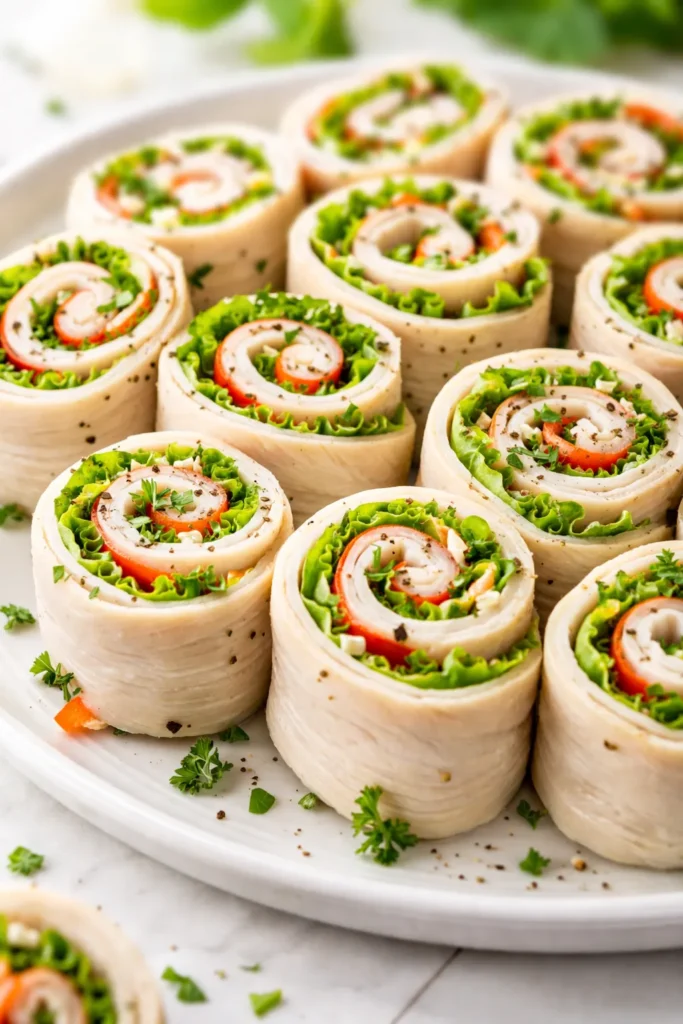Fresh low carb turkey roll-ups on a white plate, showing crisp lettuce and creamy filling with no sogginess.