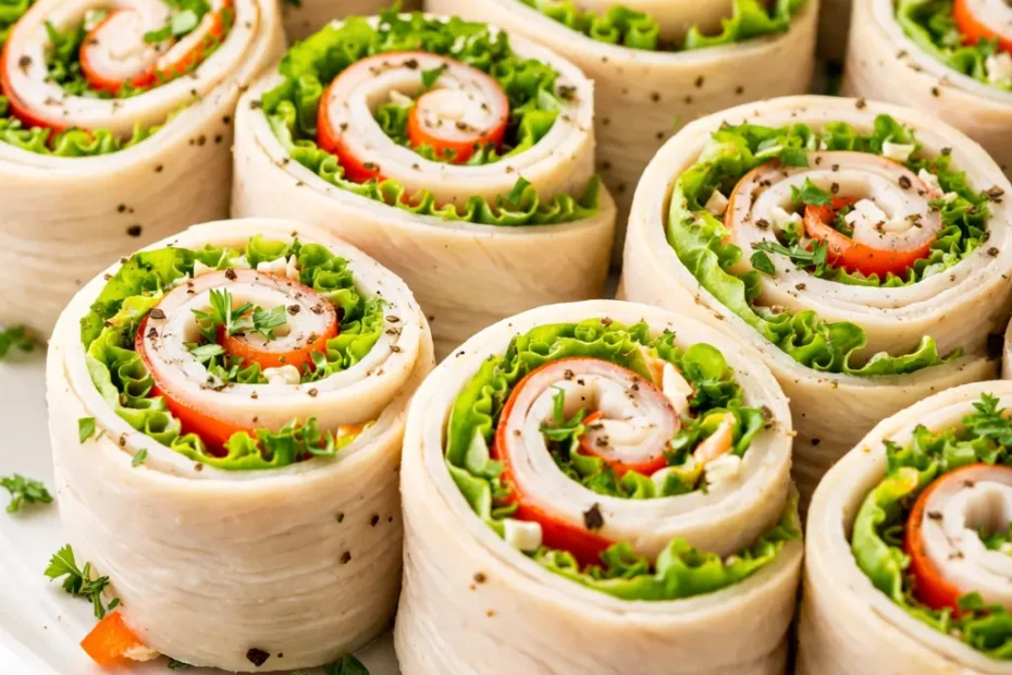 Fresh low carb turkey roll-ups on a white plate, showing crisp lettuce and creamy filling with no sogginess.