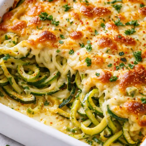 Hearty low carb zucchini noodle bake with seasoned ground beef, cherry tomatoes, and melted mozzarella, garnished with fresh basil.