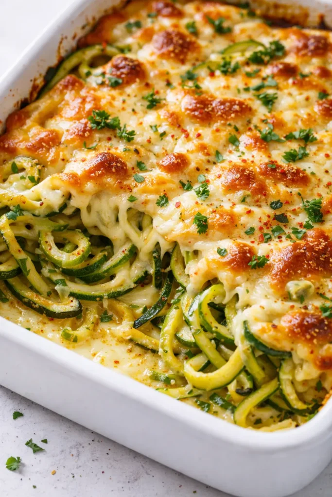 Hearty low carb zucchini noodle bake with seasoned ground beef, cherry tomatoes, and melted mozzarella, garnished with fresh basil.
