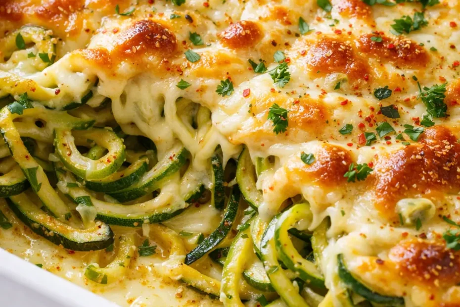 Hearty low carb zucchini noodle bake with seasoned ground beef, cherry tomatoes, and melted mozzarella, garnished with fresh basil.
