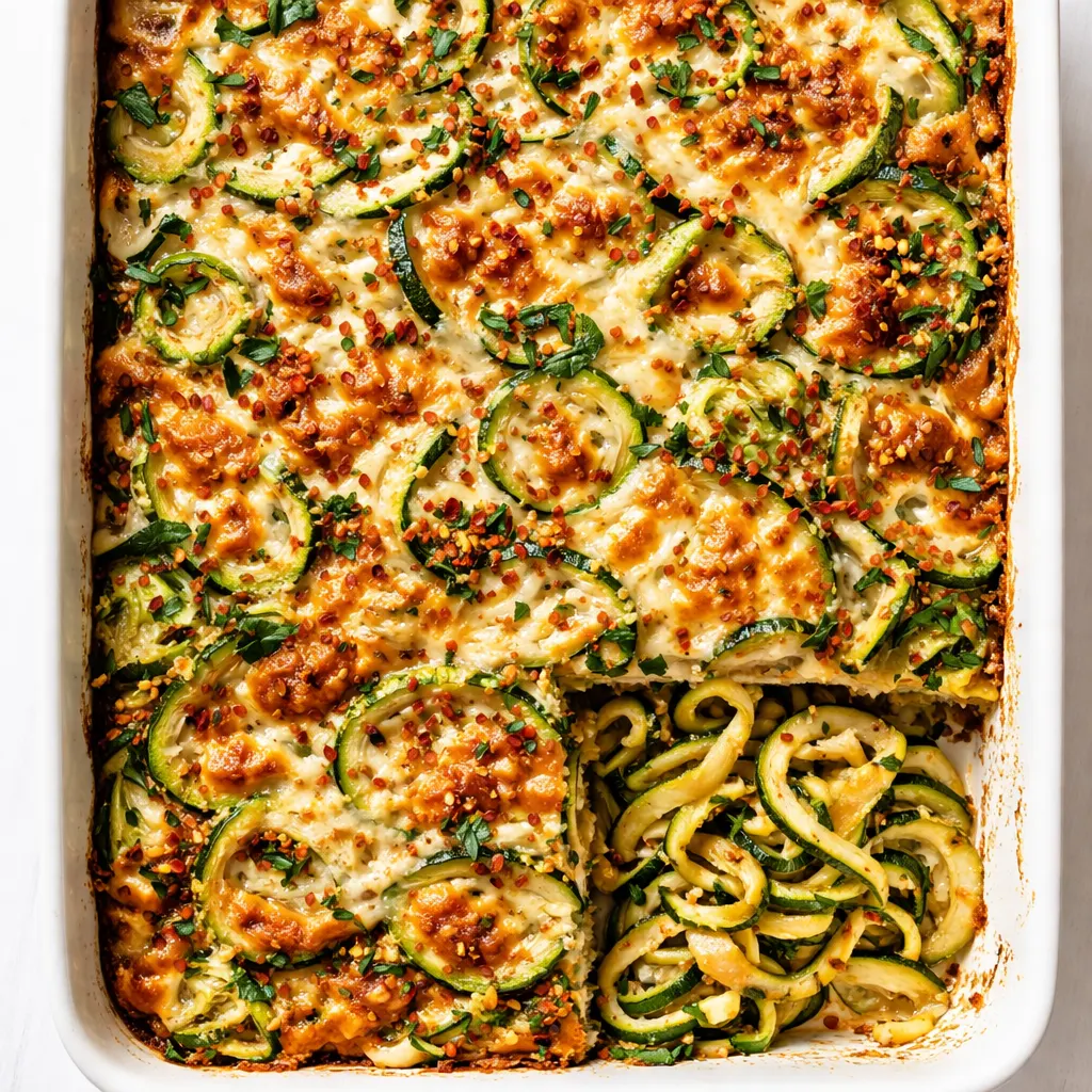 Golden bubbling low carb zucchini noodle bake with ground beef and melted cheese, no soggy noodles visible.