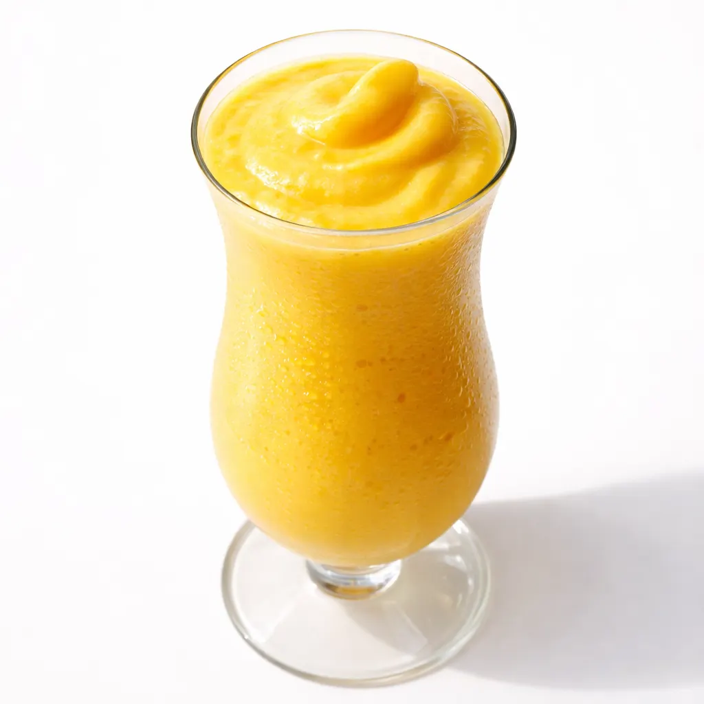 Creamy mango colada mocktail in a tall glass with golden orange color, topped with coconut flakes and a fresh mango slice.