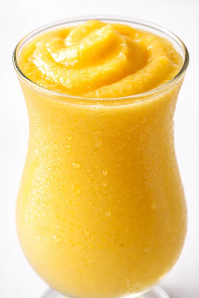 creamy mango colada mocktail in a tall glass, golden yellow color, garnished with coconut and mint