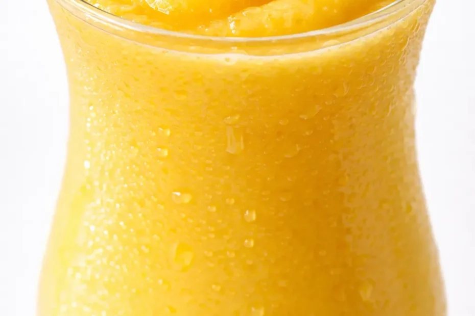 creamy mango colada mocktail in a tall glass, golden yellow color, garnished with coconut and mint