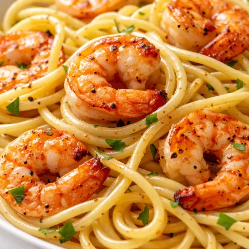 Creamy garlicky marry me shrimp pasta with succulent shrimp, red pepper flakes, and fresh parsley, served in a white bowl.