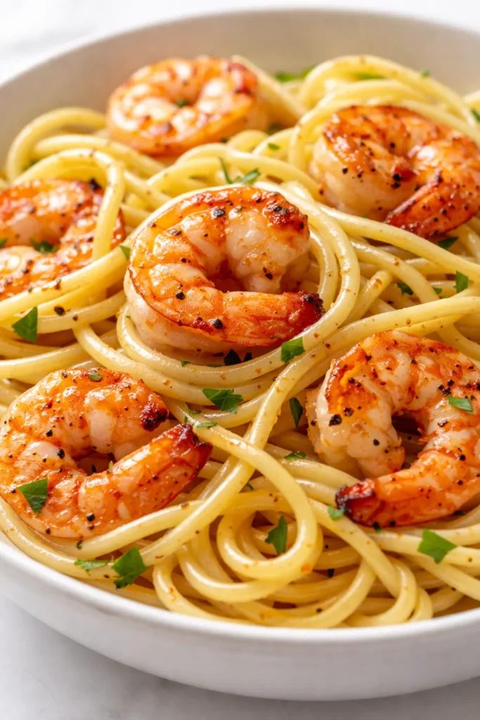 Creamy garlicky marry me shrimp pasta with succulent shrimp, red pepper flakes, and fresh parsley, served in a white bowl.