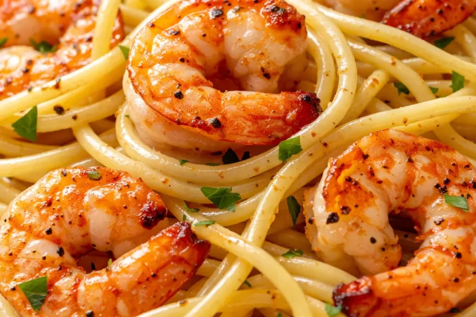 Creamy garlicky marry me shrimp pasta with succulent shrimp, red pepper flakes, and fresh parsley, served in a white bowl.