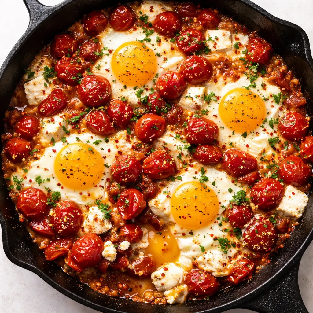 Mediterranean baked feta eggs with jammy tomatoes, creamy feta and runny yolks in a savory tomato sauce.