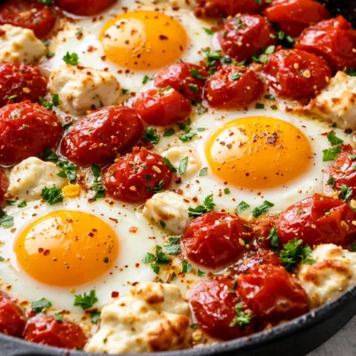 Creamy baked feta eggs with jammy cherry tomatoes, fresh oregano, and golden edges in a cast iron skillet.