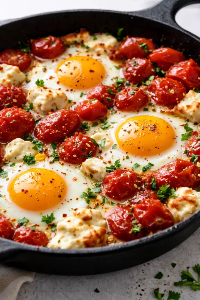 Creamy baked feta eggs with jammy cherry tomatoes, fresh oregano, and golden edges in a cast iron skillet.