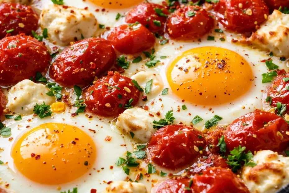 Creamy baked feta eggs with jammy cherry tomatoes, fresh oregano, and golden edges in a cast iron skillet.