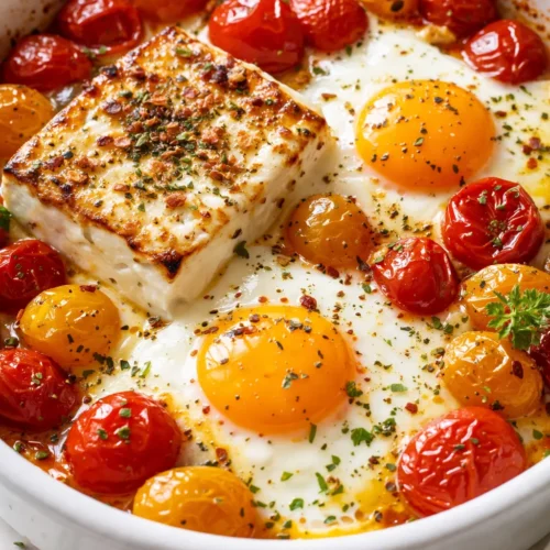 Golden-brown baked feta eggs with blistered cherry tomatoes and creamy feta, garnished with fresh oregano, in a cast iron skillet.
