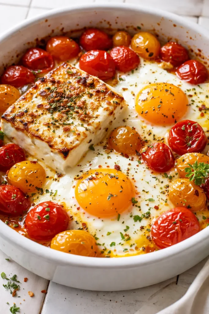 Golden-brown baked feta eggs with blistered cherry tomatoes and creamy feta, garnished with fresh oregano, in a cast iron skillet.