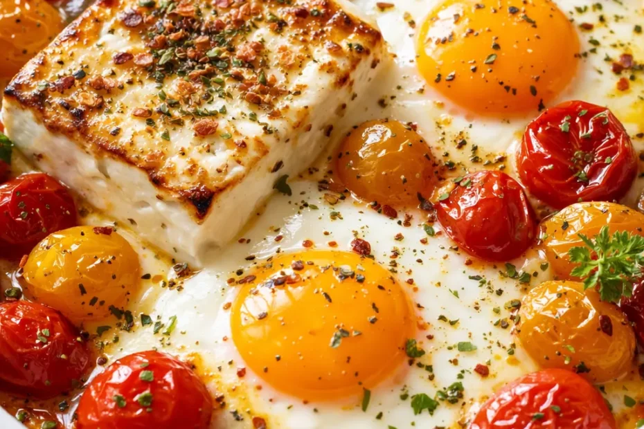 Golden-brown baked feta eggs with blistered cherry tomatoes and creamy feta, garnished with fresh oregano, in a cast iron skillet.