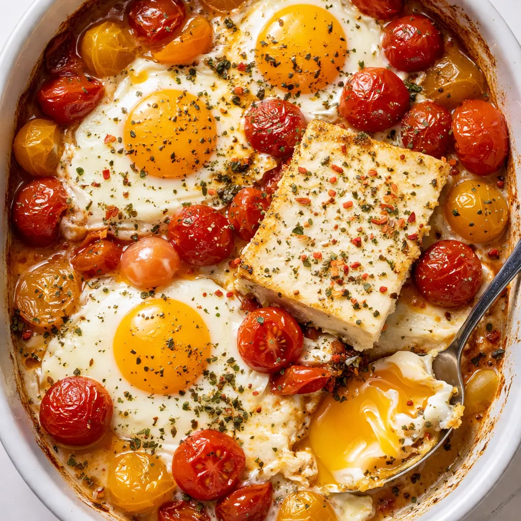Cracked eggs over creamy baked feta in a skillet with cherry tomatoes and oregano, a Mediterranean breakfast dish.