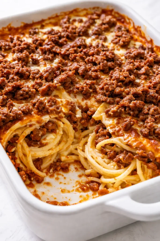 Layered million dollar spaghetti with creamy sauce, melted cheese, and tender pasta, baked to golden perfection.