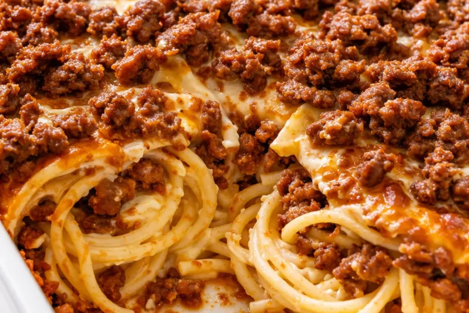 Layered million dollar spaghetti with creamy sauce, melted cheese, and tender pasta, baked to golden perfection.