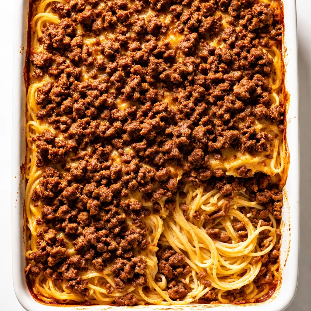 Layers of spaghetti, marinara sauce, ricotta, and melted mozzarella in a baking dish for Million Dollar Spaghetti.