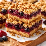 Golden brown crumble topping over mixed berry crumble bars with vibrant berry filling and buttery crust