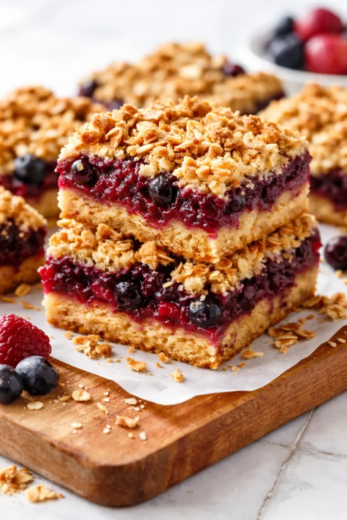 Golden brown crumble topping over mixed berry crumble bars with vibrant berry filling and buttery crust