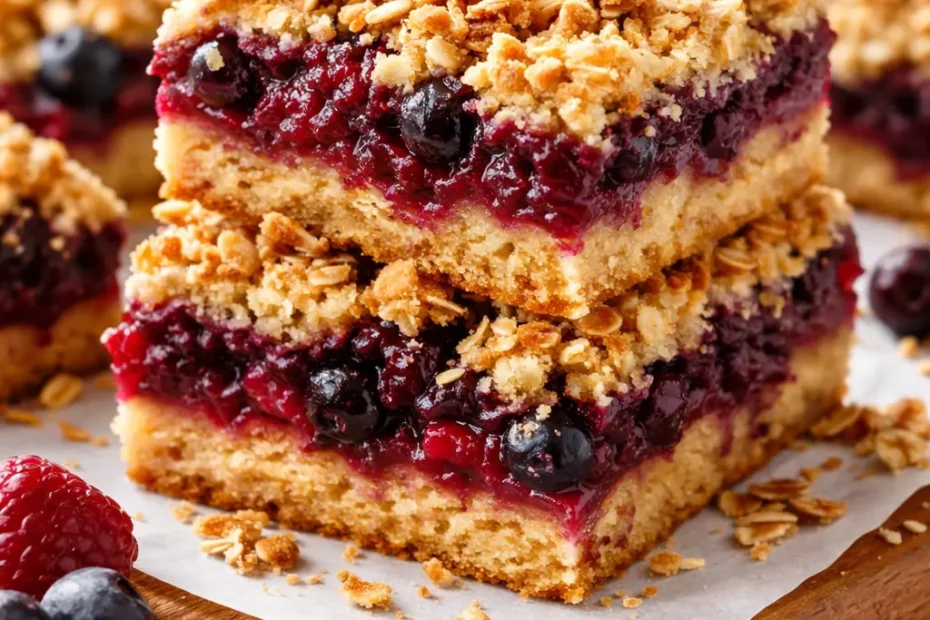Golden brown crumble topping over mixed berry crumble bars with vibrant berry filling and buttery crust