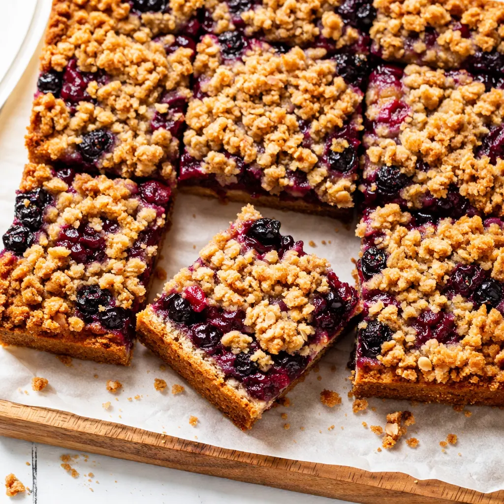 Layered mixed berry crumble bars with a golden oat topping and vibrant berry filling in a baking dish.