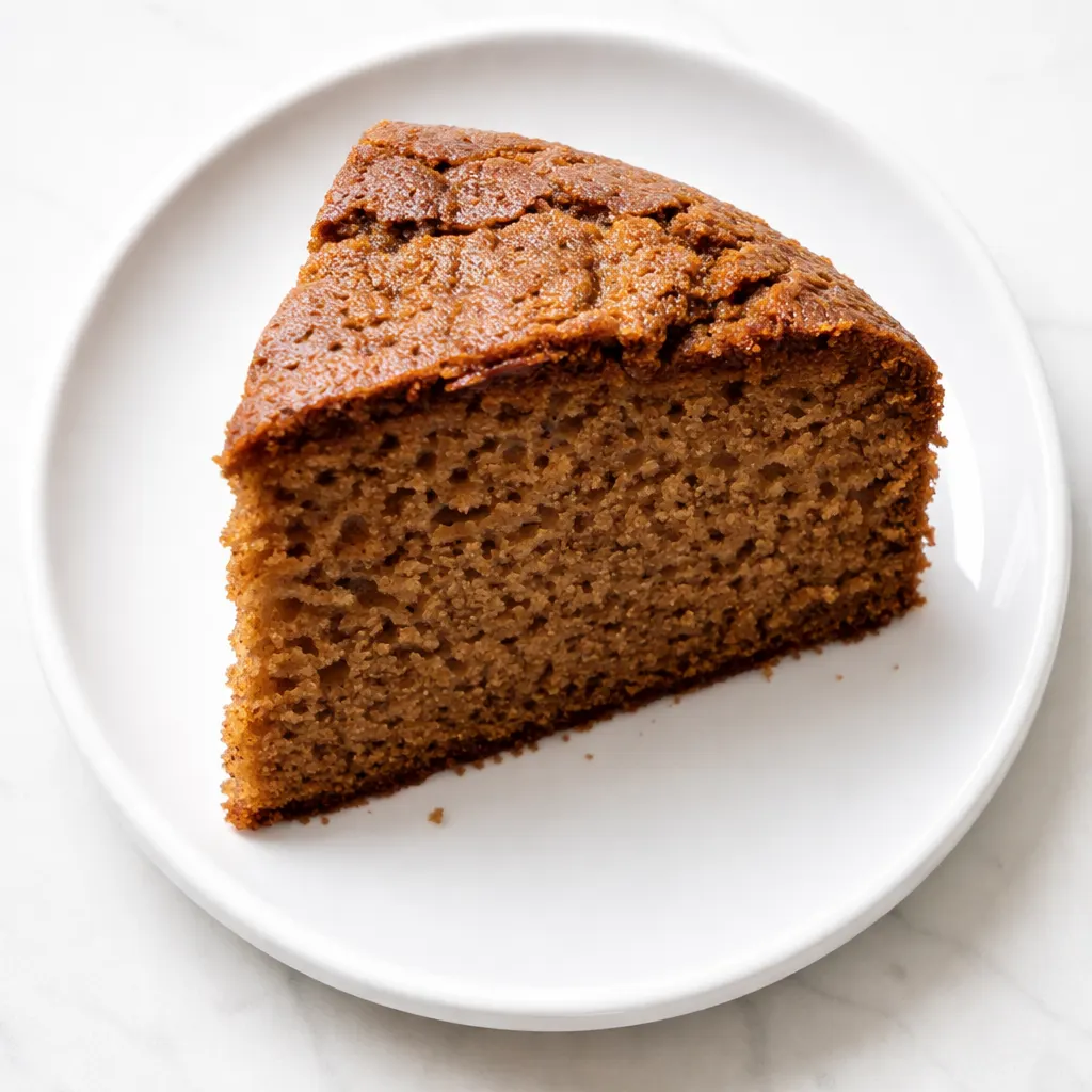 Moist vegan applesauce cake with a tender crumb, topped with a glossy glaze and spice swirls, on a rustic plate.