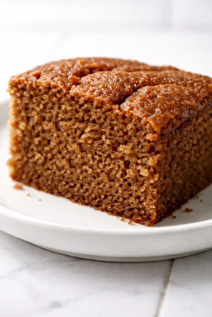 Moist vegan applesauce cake with tender crumb and cinnamon spice, topped with a glossy glaze.