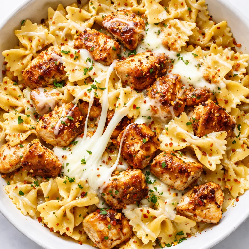 Mozzarella garlic butter chicken bowties with creamy sauce, tender chicken, and al dente bowtie pasta, garnished with fresh parsley.