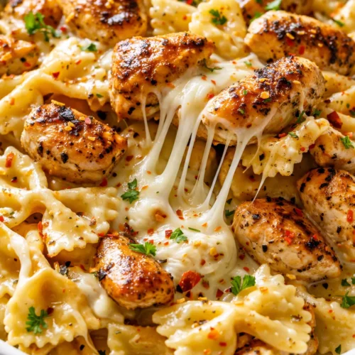 Creamy mozzarella garlic butter chicken bowties with golden brown chicken pieces, tender bowtie pasta, and a rich garlic butter sauce garnished with parsley.