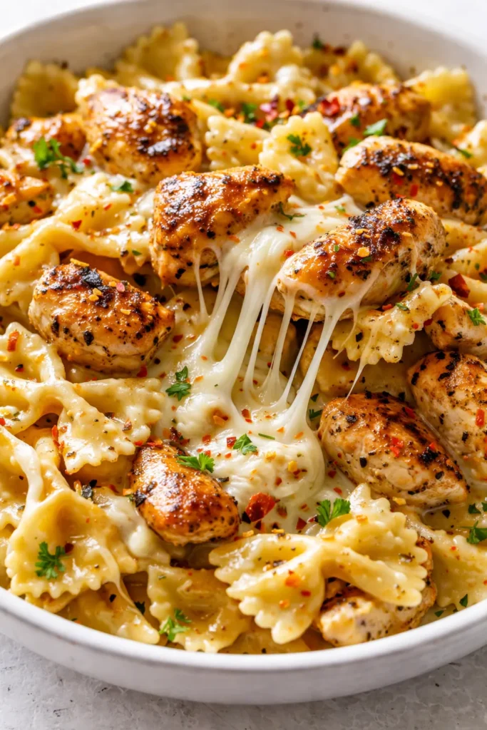 Creamy mozzarella garlic butter chicken bowties with golden brown chicken pieces, tender bowtie pasta, and a rich garlic butter sauce garnished with parsley.