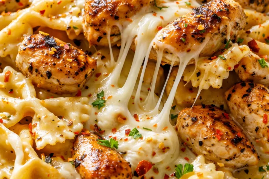 Creamy mozzarella garlic butter chicken bowties with golden brown chicken pieces, tender bowtie pasta, and a rich garlic butter sauce garnished with parsley.