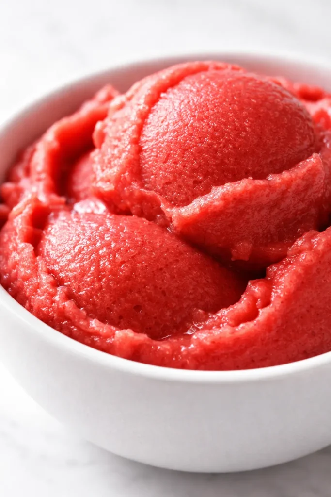 Vibrant Ninja Creami sorbet scoop with fresh fruit chunks, smooth texture and bright colors.