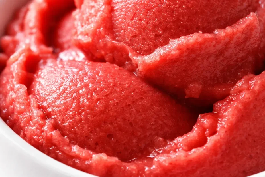 Vibrant Ninja Creami sorbet scoop with fresh fruit chunks, smooth texture and bright colors.