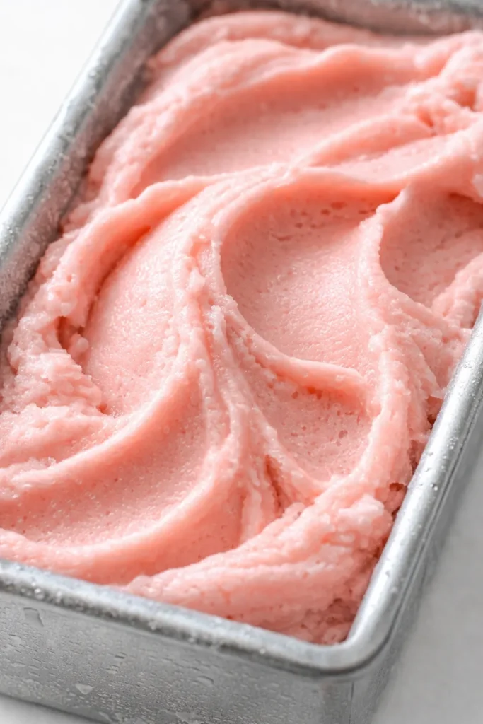 Scoop of creamy no-churn watermelon ice cream in a bowl, vibrant pink with flecks of fruit, smooth texture.