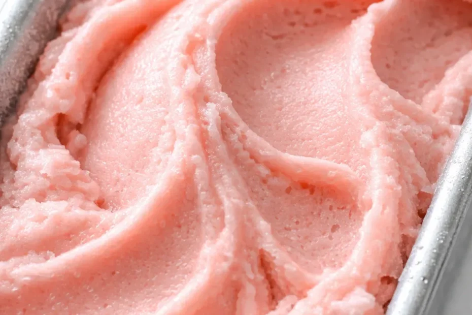 Scoop of creamy no-churn watermelon ice cream in a bowl, vibrant pink with flecks of fruit, smooth texture.