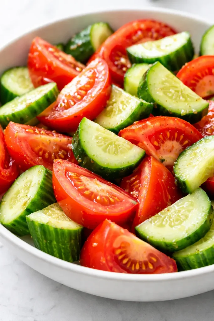 Bright red tomato slices and crisp green cucumber coins with red onion and fresh parsley in a light vinaigrette, staying crunchy and not soggy.
