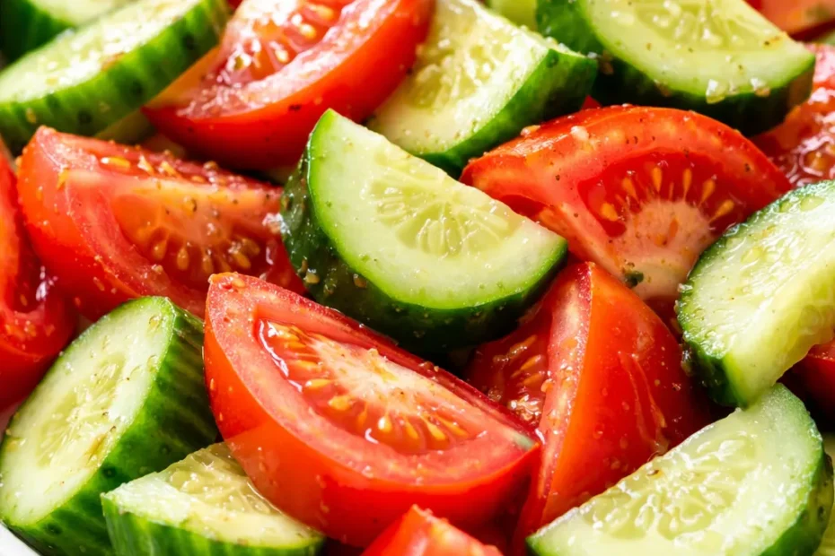 Bright red tomato slices and crisp green cucumber coins with red onion and fresh parsley in a light vinaigrette, staying crunchy and not soggy.