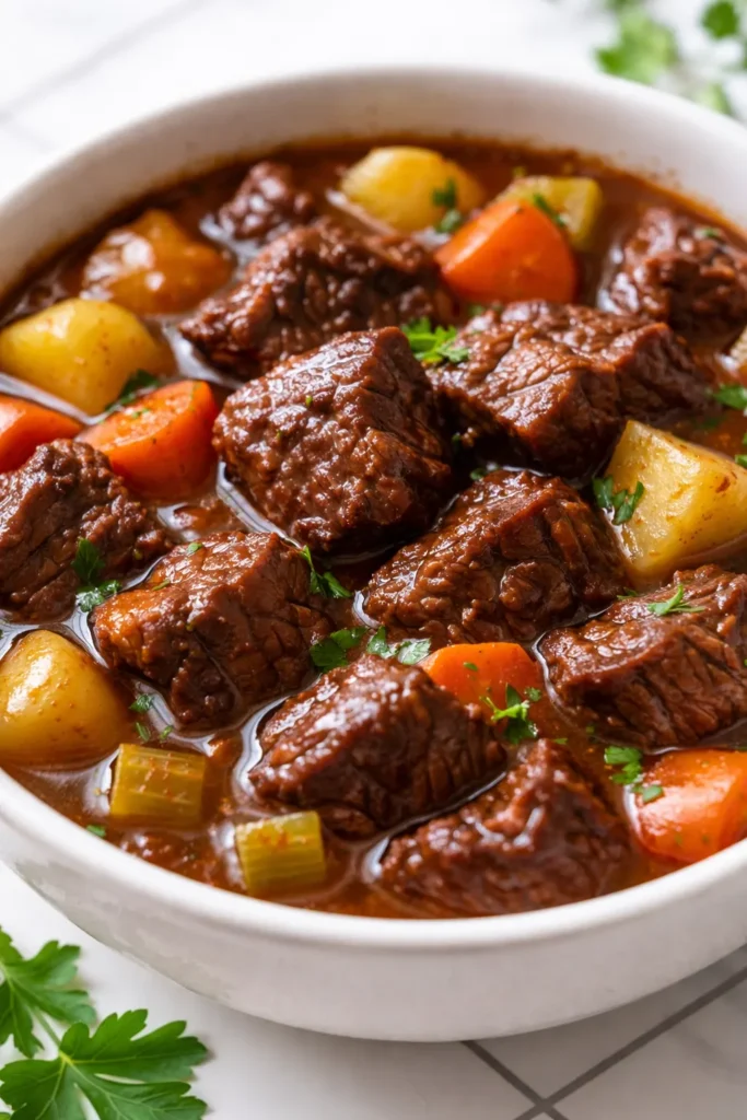 Rich old fashioned beef stew with tender beef chunks, carrots, and potatoes in a thick brown gravy, garnished with fresh parsley.