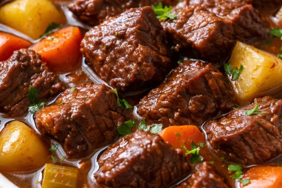 Rich old fashioned beef stew with tender beef chunks, carrots, and potatoes in a thick brown gravy, garnished with fresh parsley.