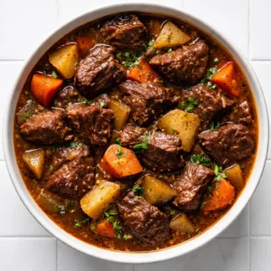 Old fashioned beef stew simmering in a heavy pot, with rich brown broth, tender meat chunks, and colorful carrot and potato pieces.
