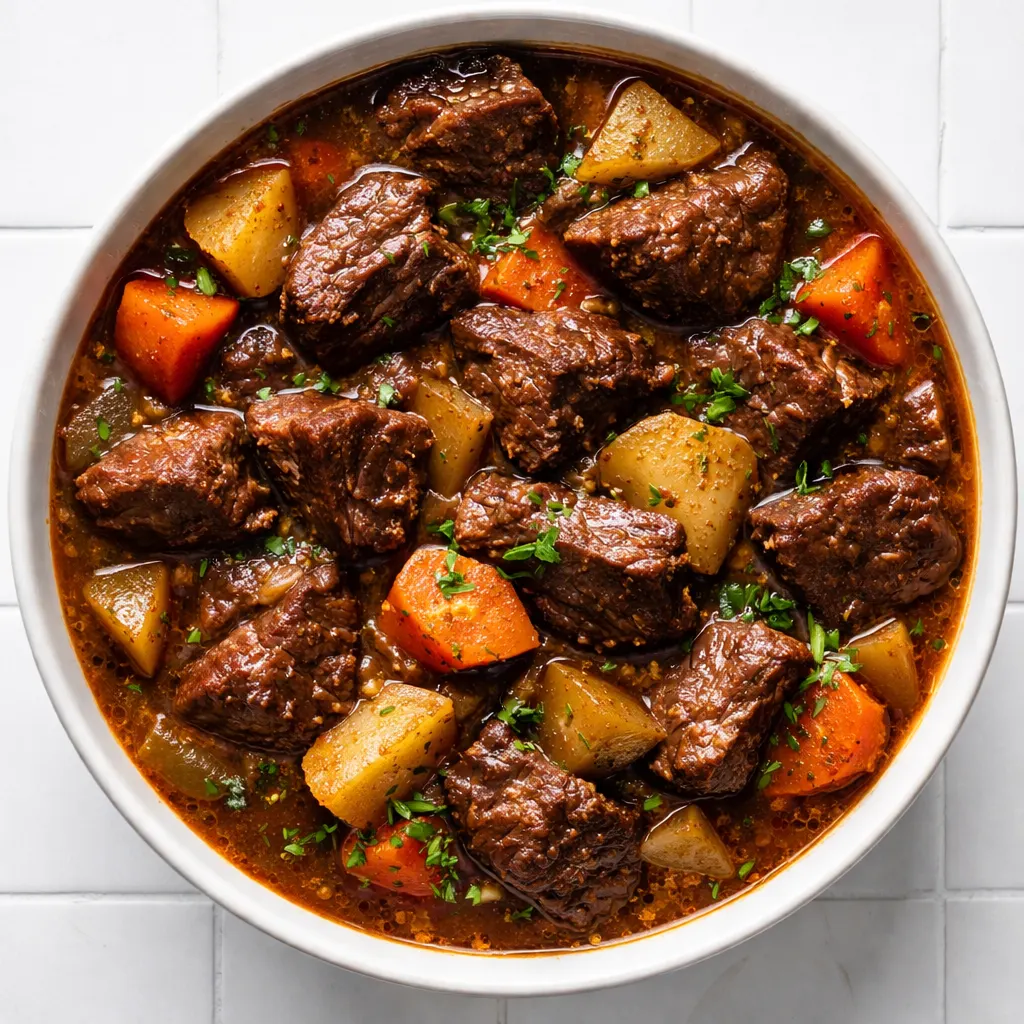 Old fashioned beef stew simmering in a heavy pot, with rich brown broth, tender meat chunks, and colorful carrot and potato pieces.