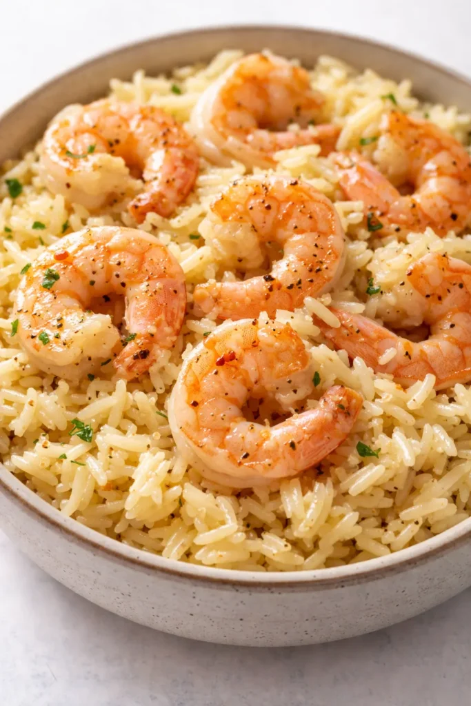 Plump shrimp and creamy garlic butter rice in a one-pan dish, garnished with fresh parsley and black pepper.