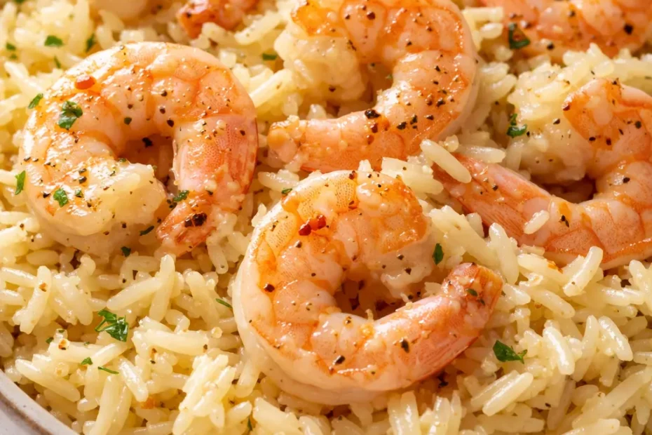 Plump shrimp and creamy garlic butter rice in a one-pan dish, garnished with fresh parsley and black pepper.